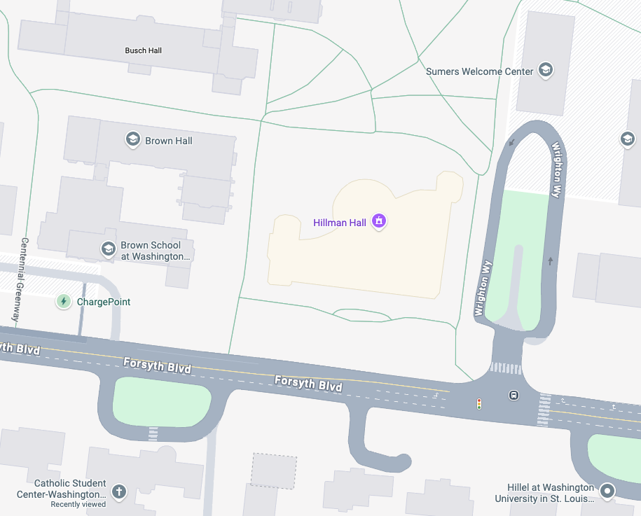 Campus map showing the Catholic Student Center and the parking areas near it.